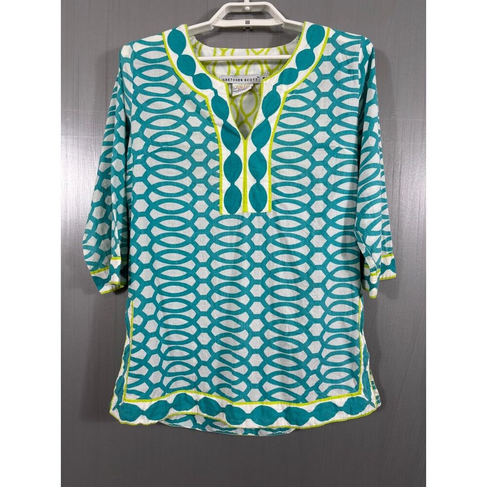 Gretchen Scott Top Womens Medium Teal 3/4 Sleeve Cotton Geometric *Flaws